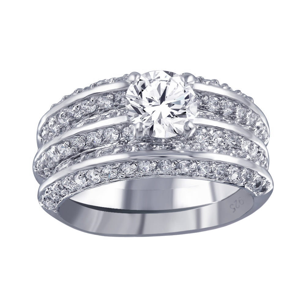 Rhodium Plated 925 Sterling Silver Clear CZ Bridal Ring Set Band Sizes 5-9