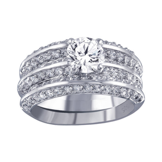 Rhodium Plated 925 Sterling Silver Clear CZ Bridal Ring Set Band Sizes 5-9