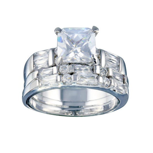 Rhodium Plated 925 Sterling Silver Clear Baguette CZ Bridal Ring Set Sizes 5-9
