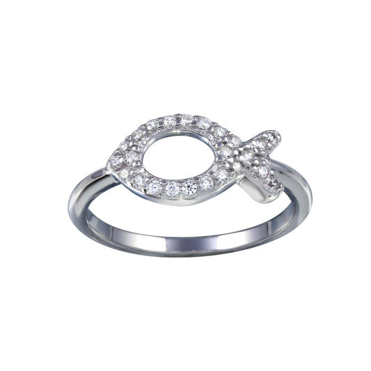 Rhodium Plated 925 Sterling Silver Ichthys CZ Fish Christian Ring Band Sizes 5-9