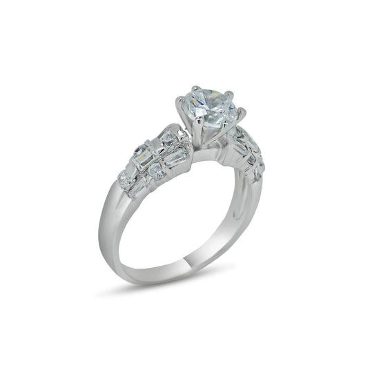Rhodium Plated 925 Sterling Silver Clear Baguette Round CZ Bridal Ring Sizes 5-9