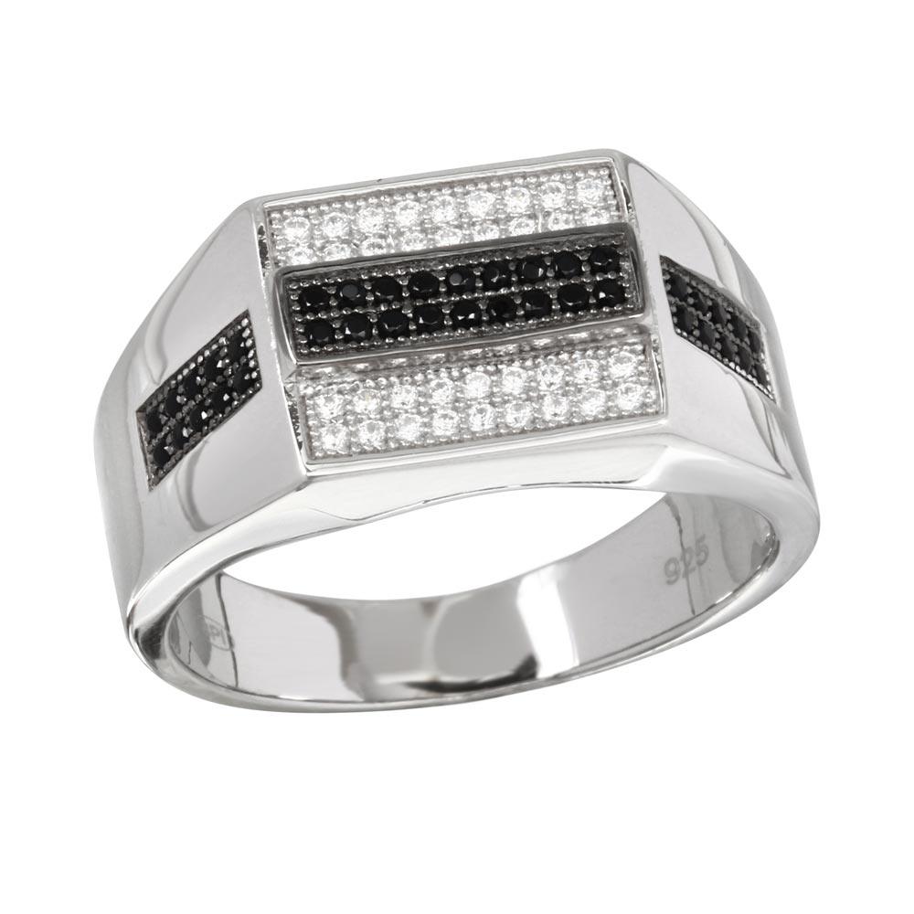 Rhodium Plated 925 Sterling Silver Rectangle Black & Clear CZ Ring Sizes 9-12