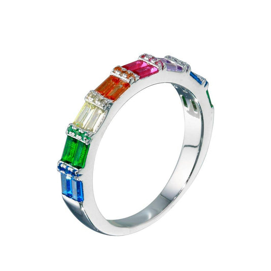 Rhodium Plated 925 Sterling Silver Multi Color Half Eternity CZ Ring Sizes 5-9