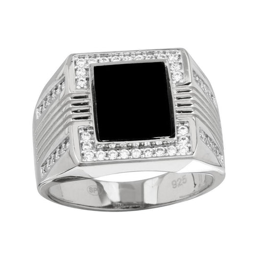 Rhodium Plated 925 Sterling Silver Men's Square Flat Onyx Ring CZ Sizes 9-12