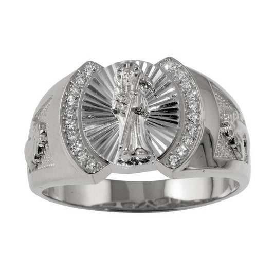 Rhodium Plated 925 Sterling Silver Santa Muerte Ring CZ Polished Band Sizes 9-12