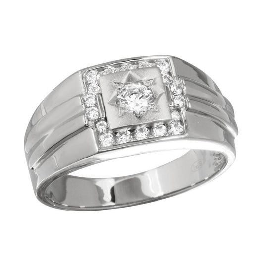 Rhodium Plated 925 Sterling Silver Men's Square Ring CZ Polished Band Sizes 9-12