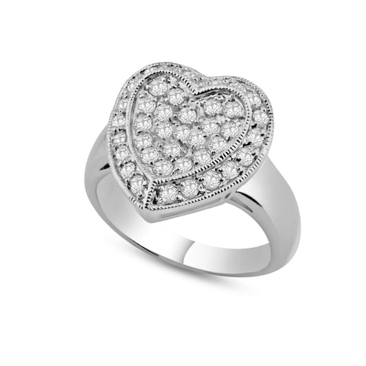 Rhodium Plated 925 Sterling Silver Pave Set Clear CZ Solid Heart Ring Sizes 5-9