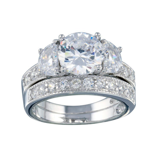 Rhodium Plated 925 Sterling Silver Clear Round CZ Bridal Ring Set Band Sizes 5-9