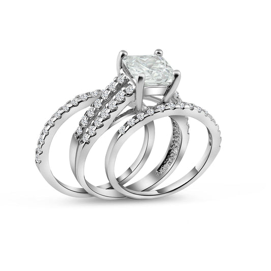 Rhodium Plated 925 Sterling Silver Clear Princess Cut Set CZ Ring Sizes 5-10