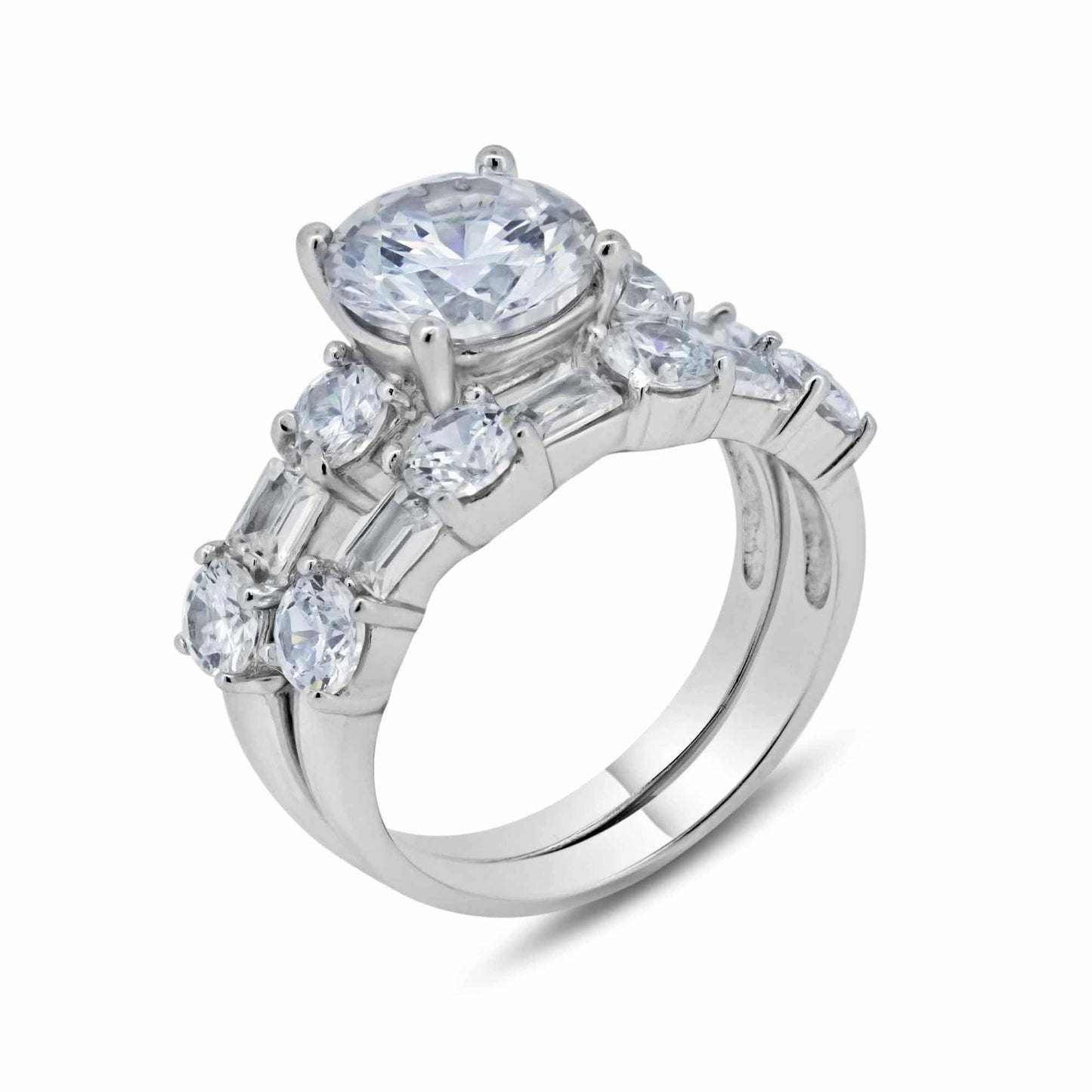 Rhodium Plated 925 Sterling Silver Clear Round CZ Bridal Ring Set Band Sizes 5-9