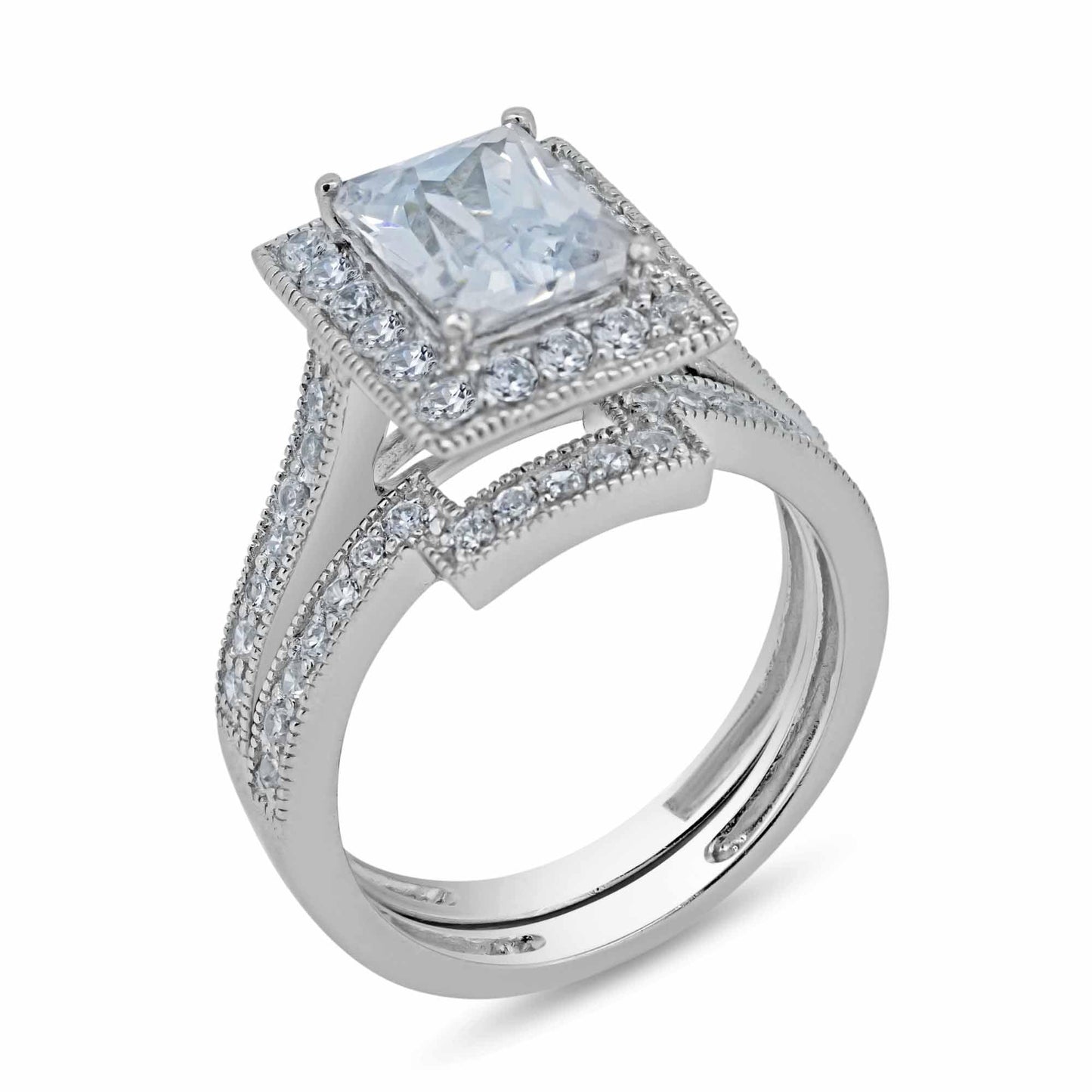 Rhodium Plated 925 Sterling Silver Clear CZ Square Bridal Ring Set Sizes 5-9