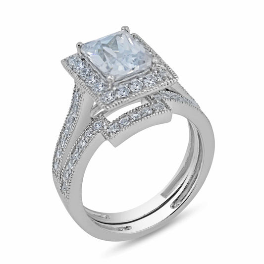 Rhodium Plated 925 Sterling Silver Clear CZ Square Bridal Ring Set Sizes 5-9