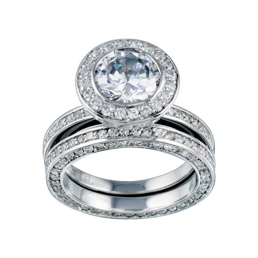 Rhodium Plated 925 Sterling Silver Clear CZ Round Bridal Band Ring Set Sizes 5-9