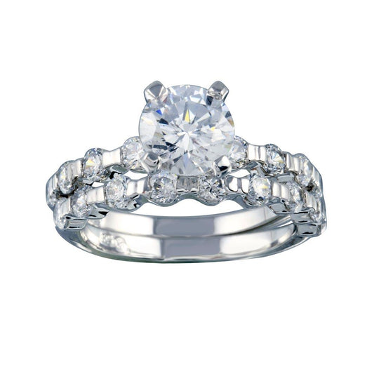 Rhodium Plated 925 Sterling Silver Clear Round CZ Bridal Band Ring Set Sizes 5-9