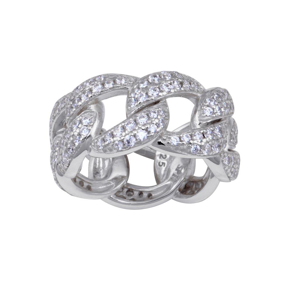 Rhodium Plated 925 Sterling Silver Miami Cuban Curb Link Ring w/ CZ Sizes 5-9