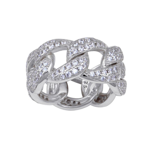 Rhodium Plated 925 Sterling Silver Miami Cuban Curb Link Ring w/ CZ Sizes 5-9