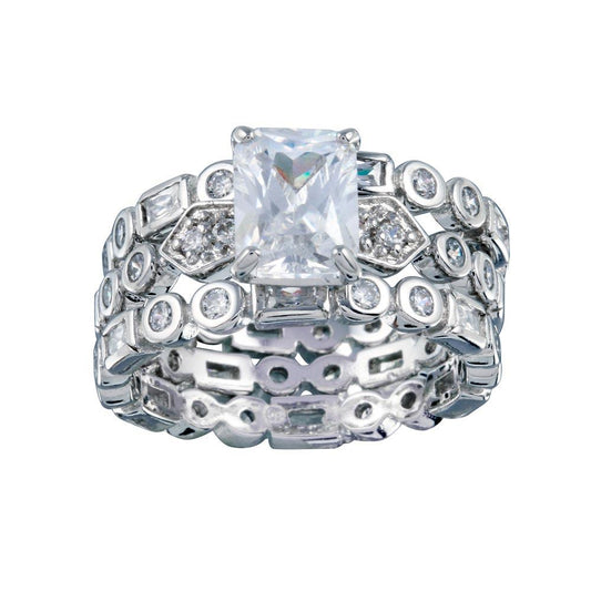 Rhodium Plated 925 Sterling Silver Clear CZ Bridal Engagement Ring Set Sizes 5-9