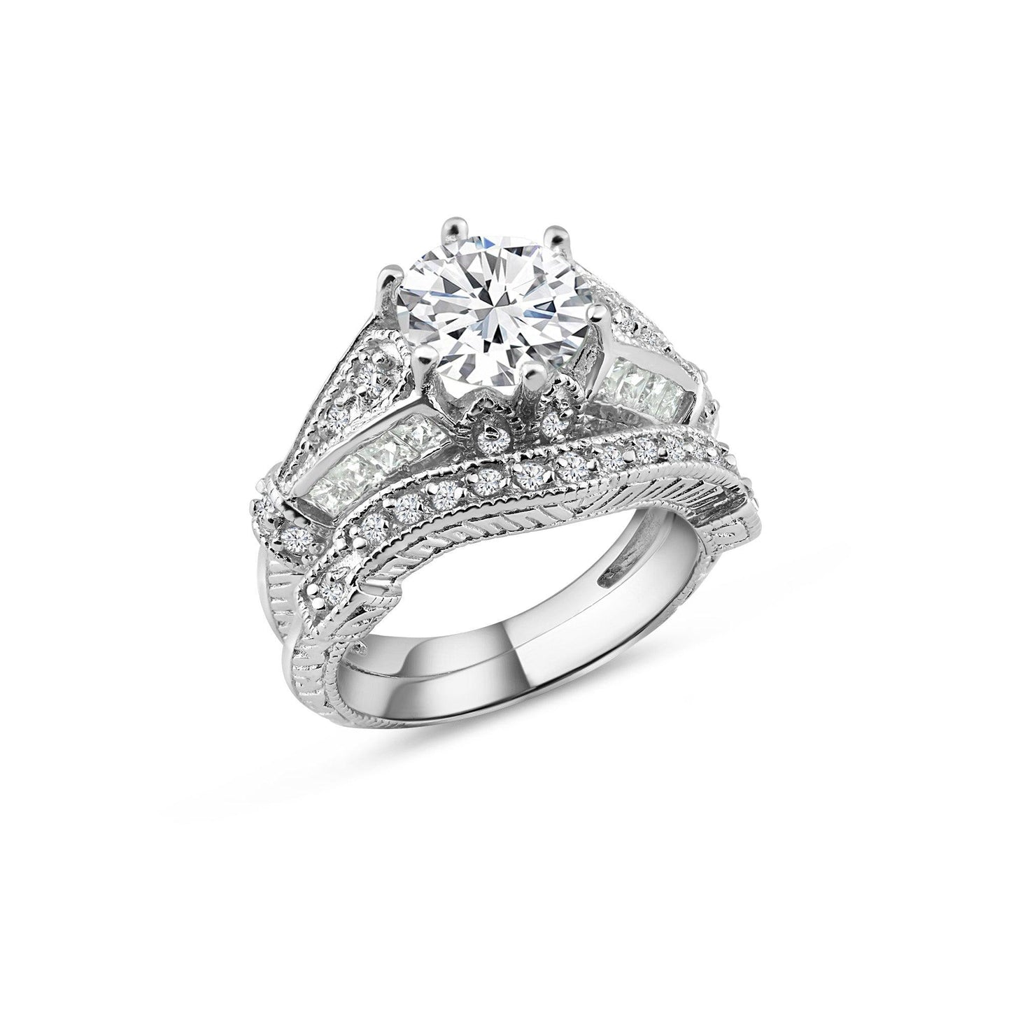 Rhodium Plated 925 Sterling Silver Channel CZ Bridal Wedding Ring Set Sizes 5-9