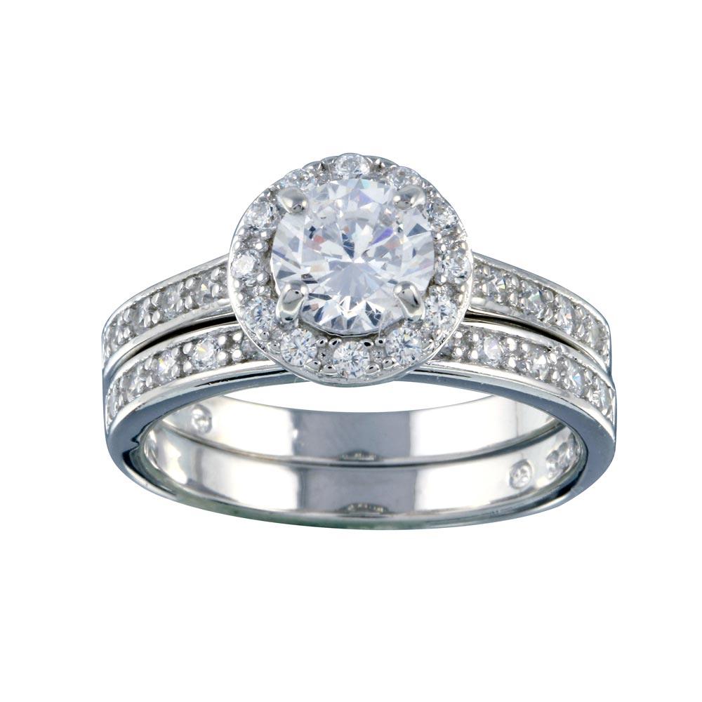 Rhodium Plated 925 Sterling Silver Clear CZ Round Bridal Ring Set Sizes 5-9