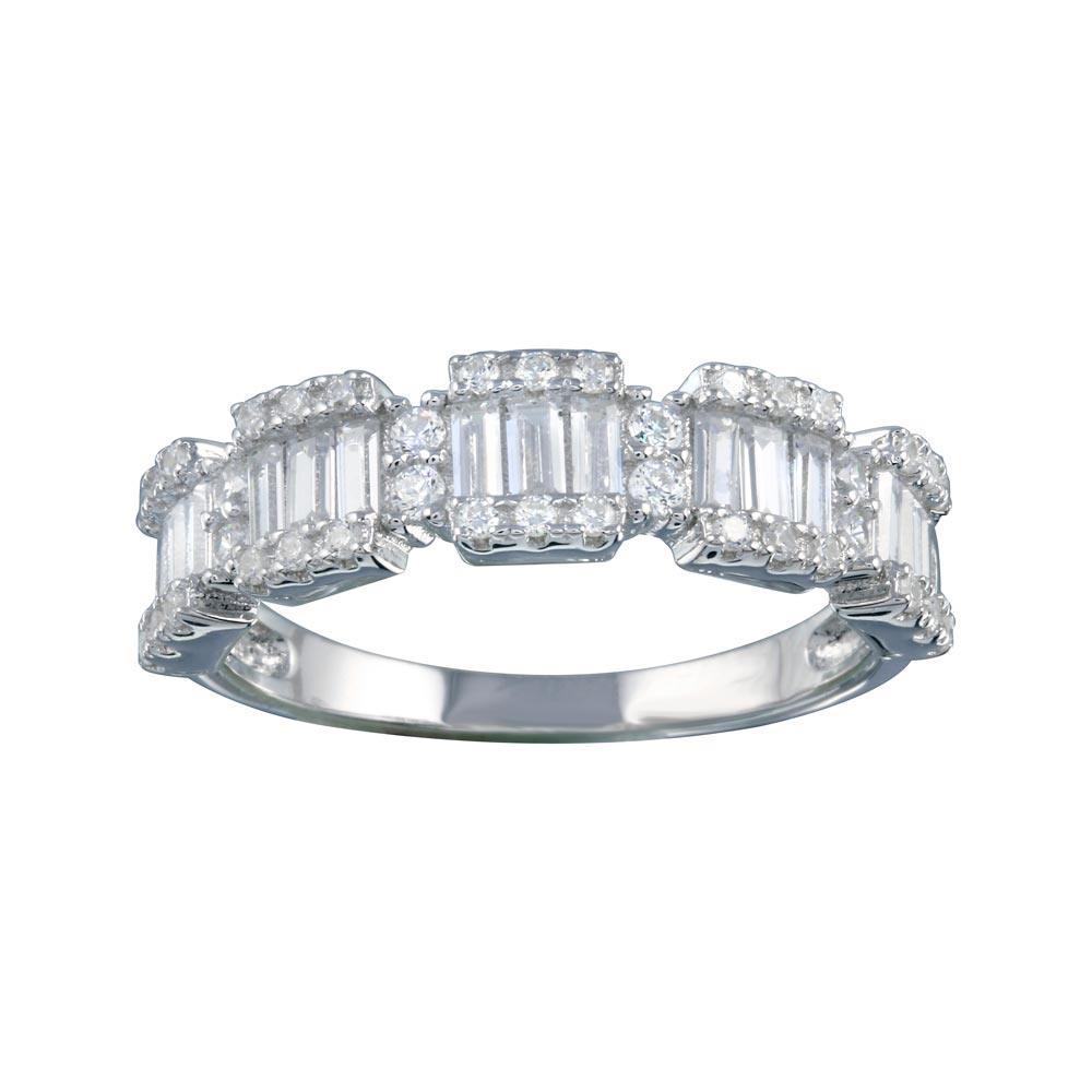 Rhodium Plated 925 Sterling Silver 5 Station Baguette CZ Band Ring Sizes 5-9