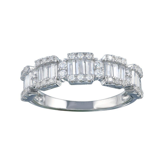 Rhodium Plated 925 Sterling Silver 5 Station Baguette CZ Band Ring Sizes 5-9