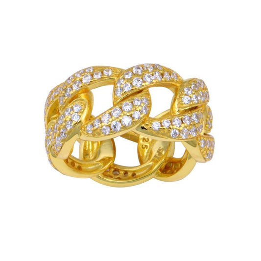 Gold Plated 925 Sterling Silver Miami Curb Link CZ Chain Band Ring Sizes 5-9