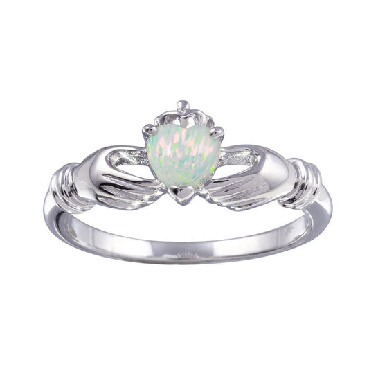 Rhodium Plated 925 Sterling Silver Claddagh Heart Synthetic Opal Ring Sizes 5-9