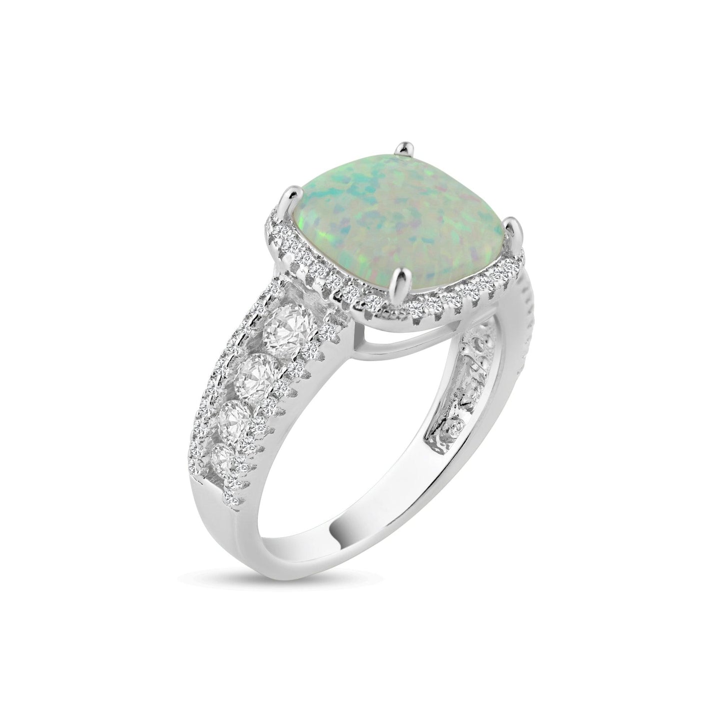 Rhodium Plated 925 Sterling Silver Synthetic Opal CZ Ring Band Sizes 5-9