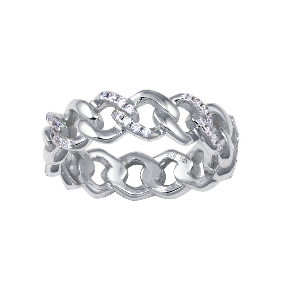Rhodium Plated 925 Sterling Silver Curb Link Ring Chain CZ Band 5.8mm Sizes 5-9