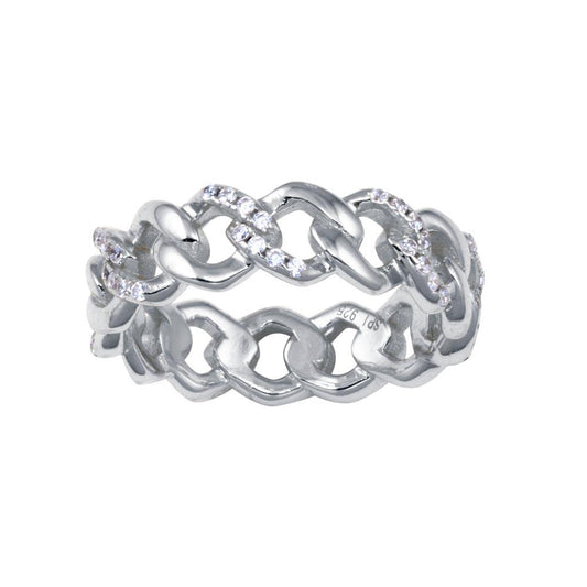 Rhodium Plated 925 Sterling Silver Curb Link Ring Chain CZ Band 5.8mm Sizes 5-9