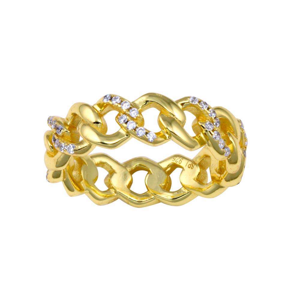 Gold Plated 925 Sterling Silver Curb Link Ring Chain CZ Band 5.8mm Sizes 5-9