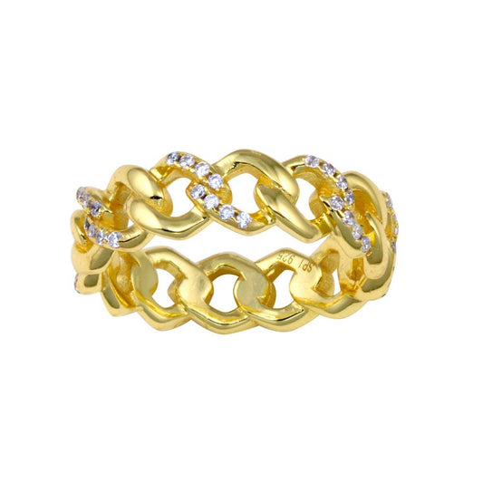 Gold Plated 925 Sterling Silver Curb Link Ring Chain CZ Band 5.8mm Sizes 5-9