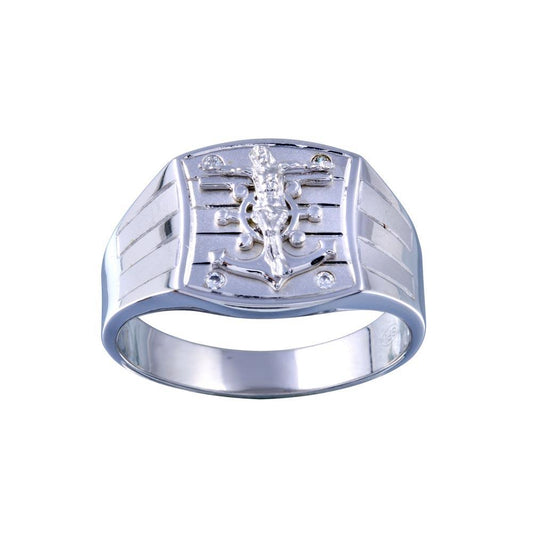 Rhodium Plated 925 Sterling Silver Crucifix Anchor CZ Hip Hop Ring Sizes 9-12