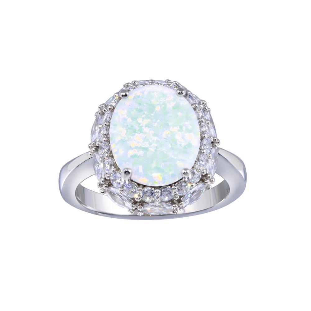 Rhodium Plated 925 Sterling Silver Synthetic Opal & Clear CZ Ring Sizes 5-9