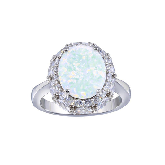 Rhodium Plated 925 Sterling Silver Synthetic Opal & Clear CZ Ring Sizes 5-9