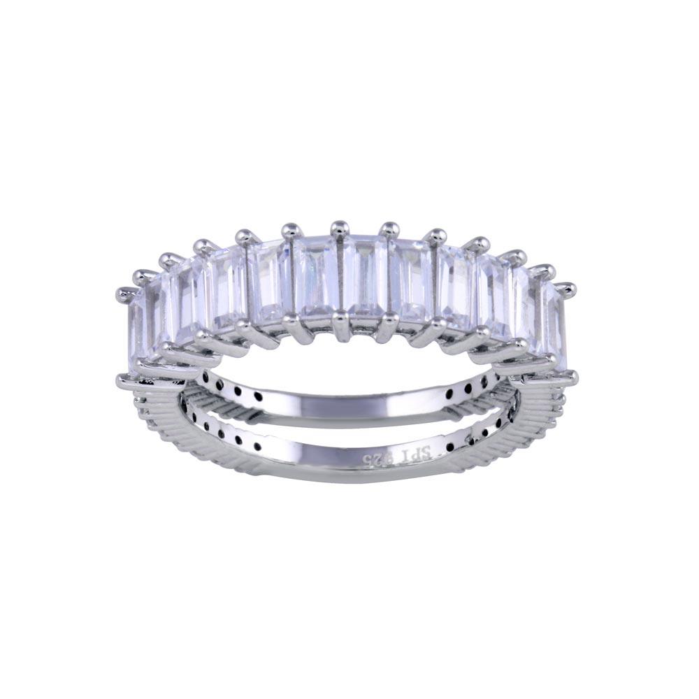 Rhodium Plated 925 Sterling Silver Two Bar Baguette Clear CZ Band Ring Sizes 5-9
