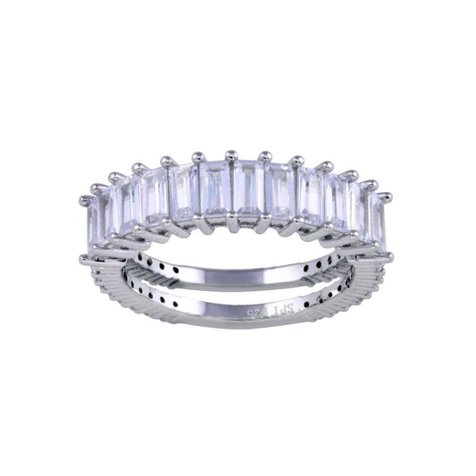 Rhodium Plated 925 Sterling Silver Two Bar Baguette Clear CZ Band Ring Sizes 5-9