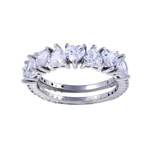 Rhodium Plated 925 Sterling Silver Two Bar Multi Heart Clear CZ Ring Sizes 5-9