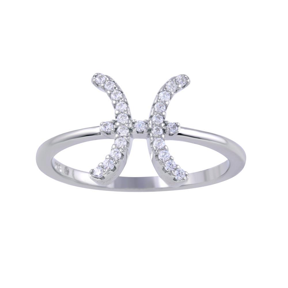 Rhodium Plated 925 Sterling Silver Pisces Clear CZ Zodiac Sign Ring Sizes 5-9
