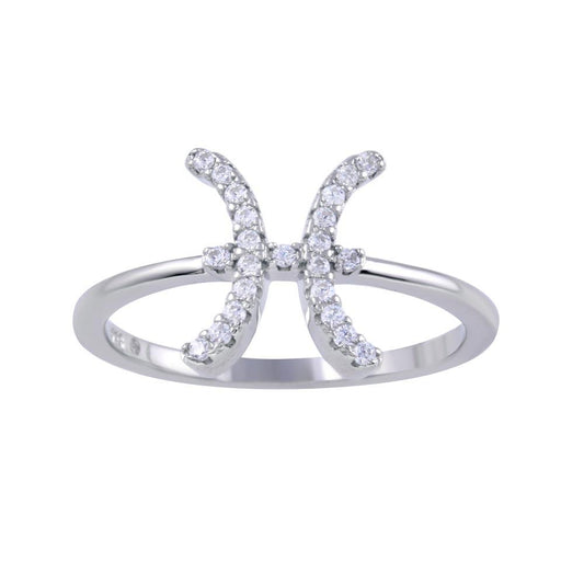Rhodium Plated 925 Sterling Silver Pisces Clear CZ Zodiac Sign Ring Sizes 5-9