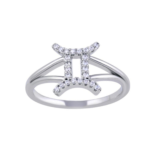Rhodium Plated 925 Sterling Silver Gemini Clear CZ Zodiac Sign Ring Sizes 5-9