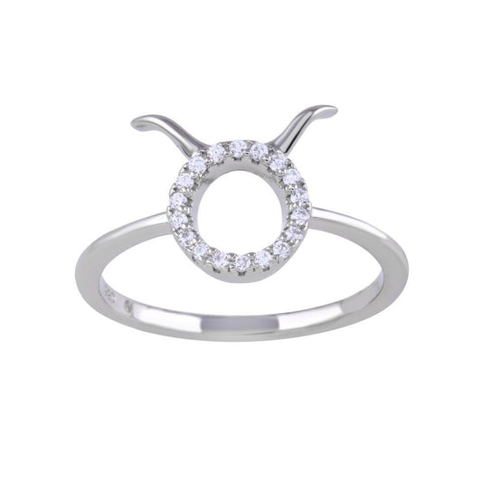 Rhodium Plated 925 Sterling Silver Taurus Clear CZ Zodiac Sign Ring Sizes 5-9