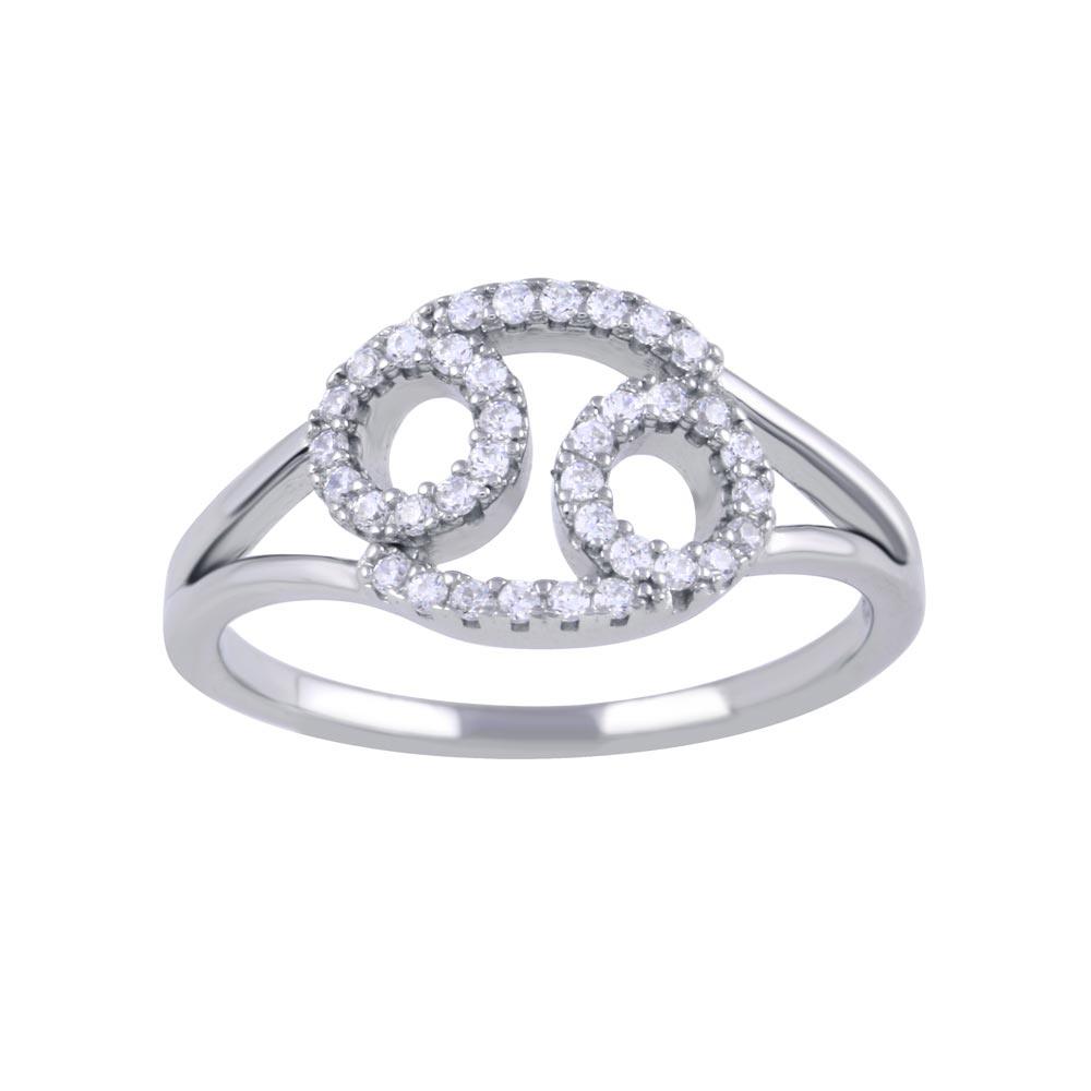 Rhodium Plated 925 Sterling Silver Cancer Clear CZ Zodiac Sign Ring Sizes 5-9
