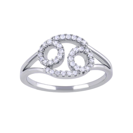 Rhodium Plated 925 Sterling Silver Cancer Clear CZ Zodiac Sign Ring Sizes 5-9
