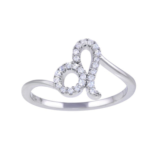 Rhodium Plated 925 Sterling Silver Leo Clear CZ Zodiac Sign Ring Sizes 5-9