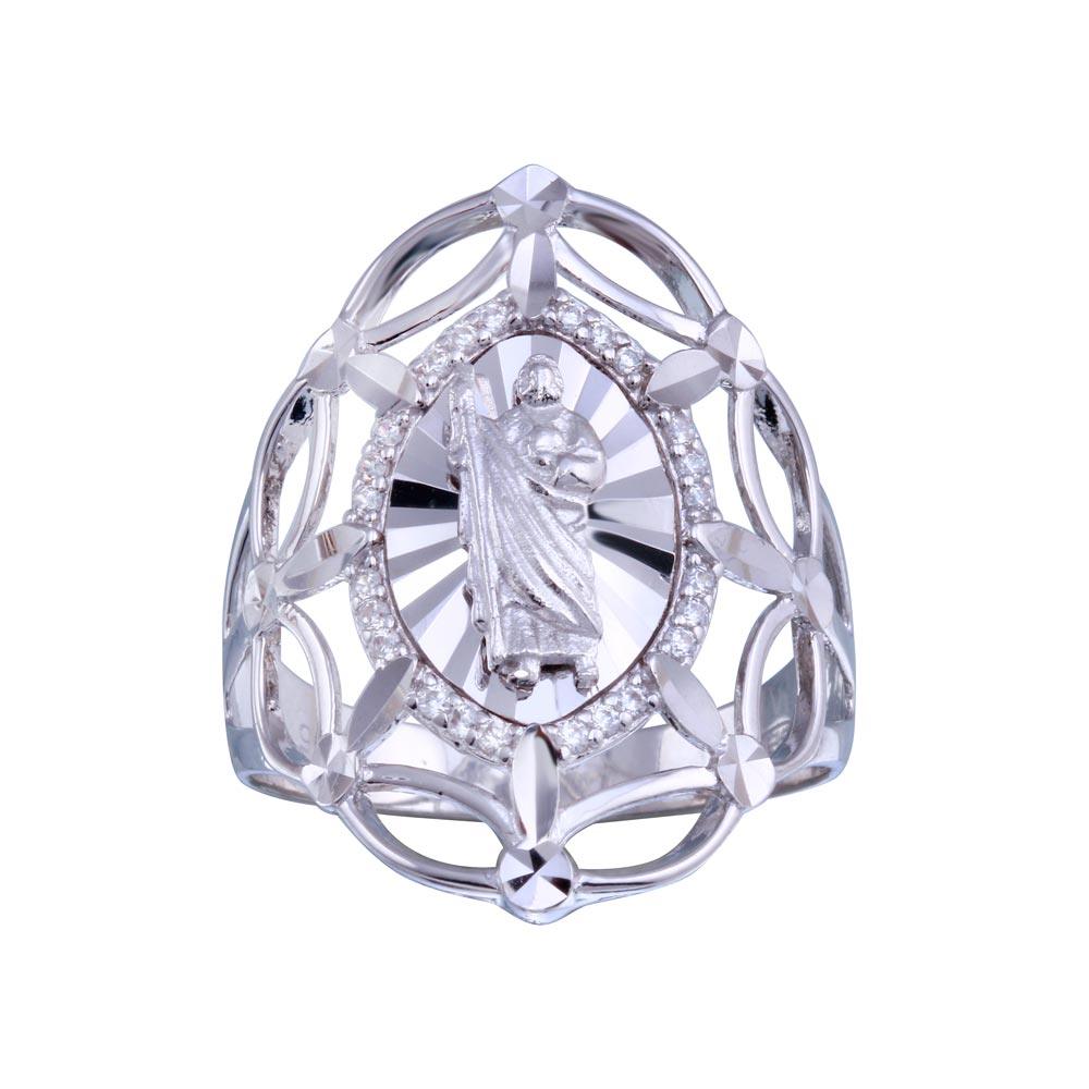 Rhodium Plated 925 Sterling Silver Saint Jude Clear CZ Filigree Ring Sizes 5-9