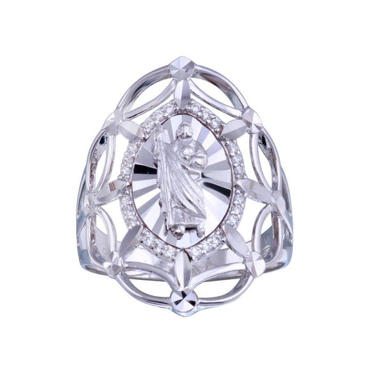 Rhodium Plated 925 Sterling Silver Saint Jude Clear CZ Filigree Ring Sizes 5-9