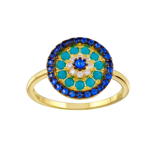 Gold Plated 925 Sterling Silver Simulated Turquoise & CZ Evil Eye Ring Sizes 5-9