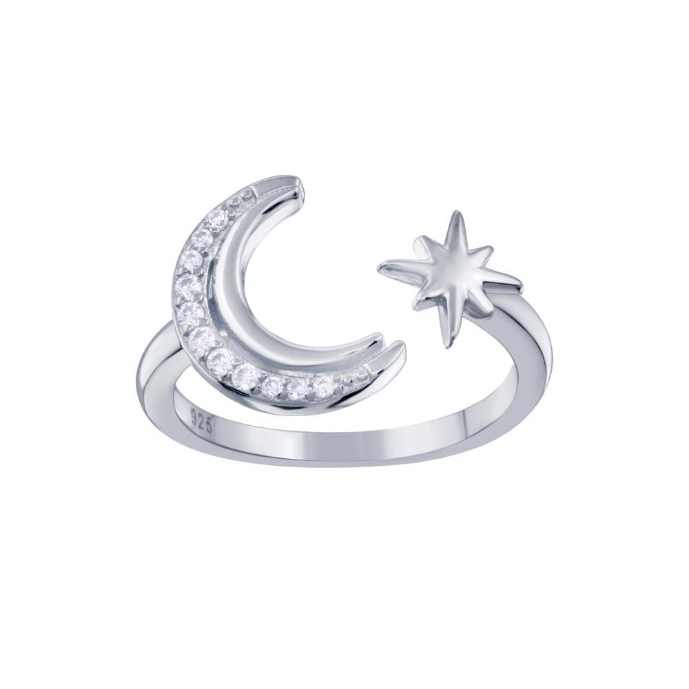 Rhodium Plated 925 Sterling Silver Crescent Moon & Star Clear CZ Ring Sizes 5-9