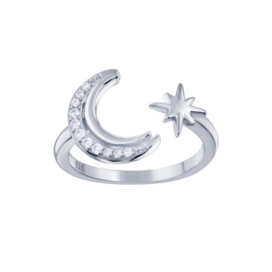 Rhodium Plated 925 Sterling Silver Crescent Moon & Star Clear CZ Ring Sizes 5-9